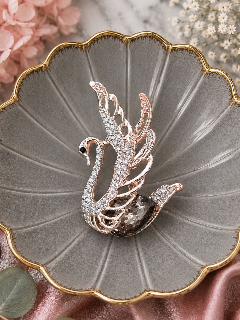 New Rose-Gold-Tone Swan Brooch Rhinestone Crystal Bird Pin Elegant Gift